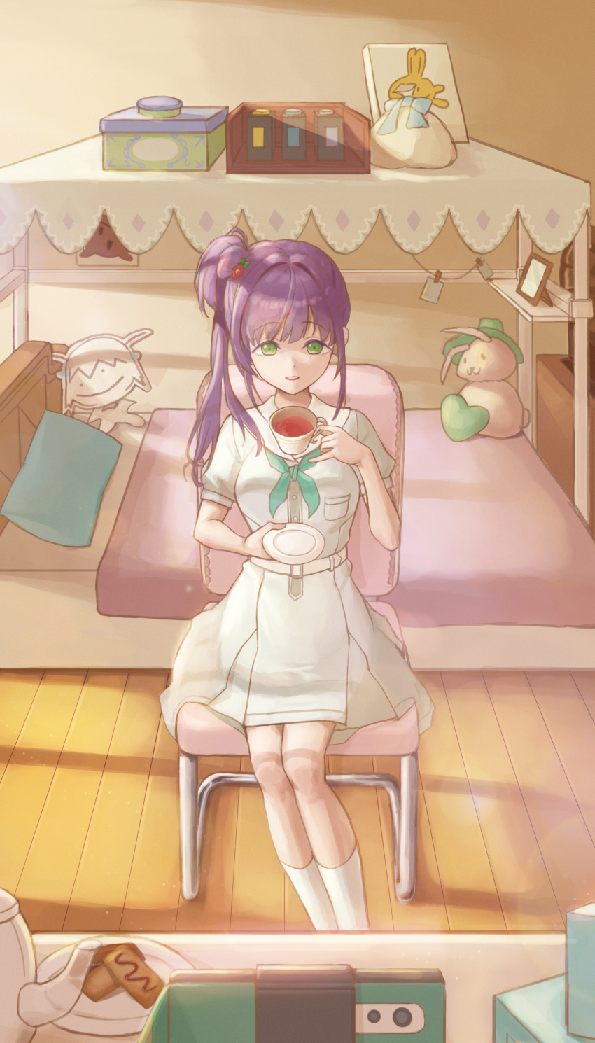 1girl, absurdres, aqua_neckerchief, bed, bedroom, box, breast_pocket, breasts
