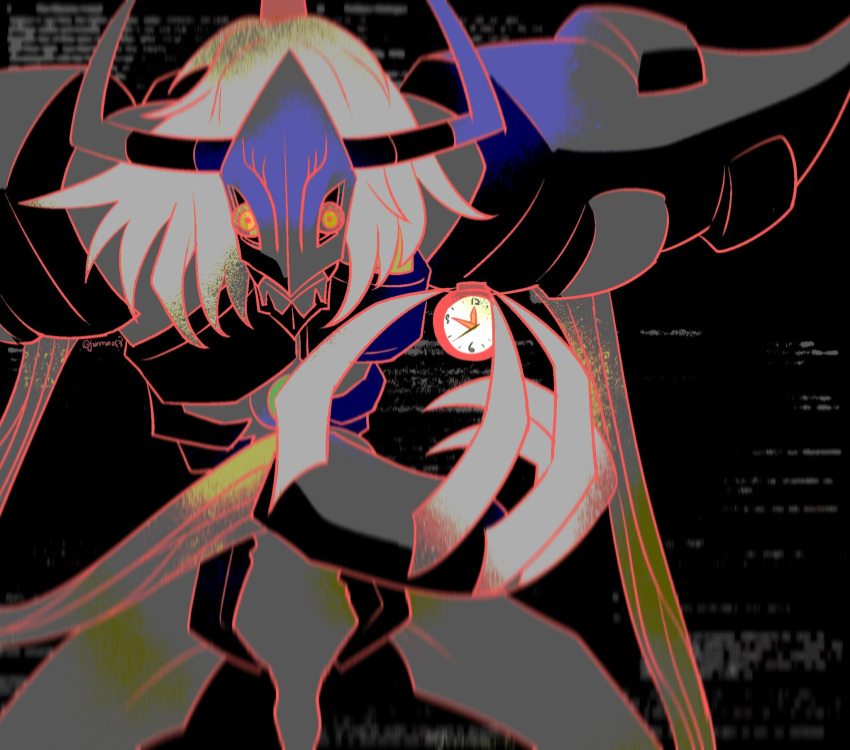 armor, bakamaokun, black_background, blonde_hair, claws, clock, colored_sclera, dark