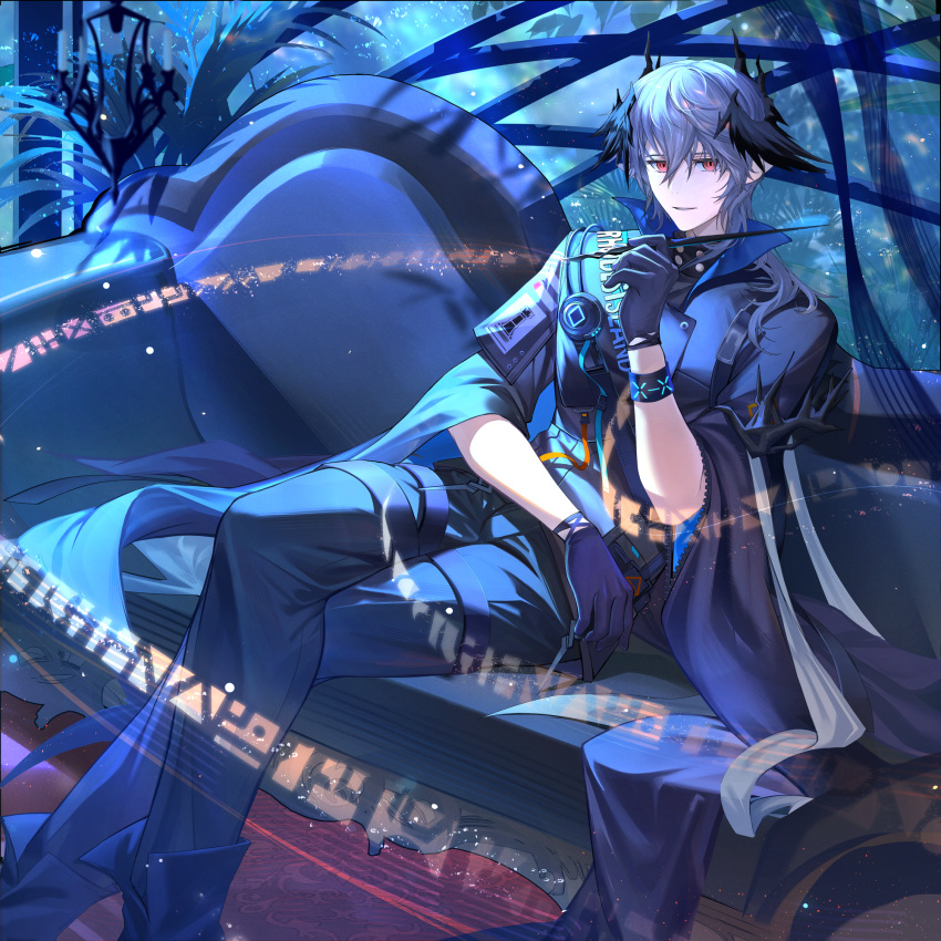 1boy, ankle_boots, arknights, belt, black_belt, black_footwear, black_gloves, black_jacket