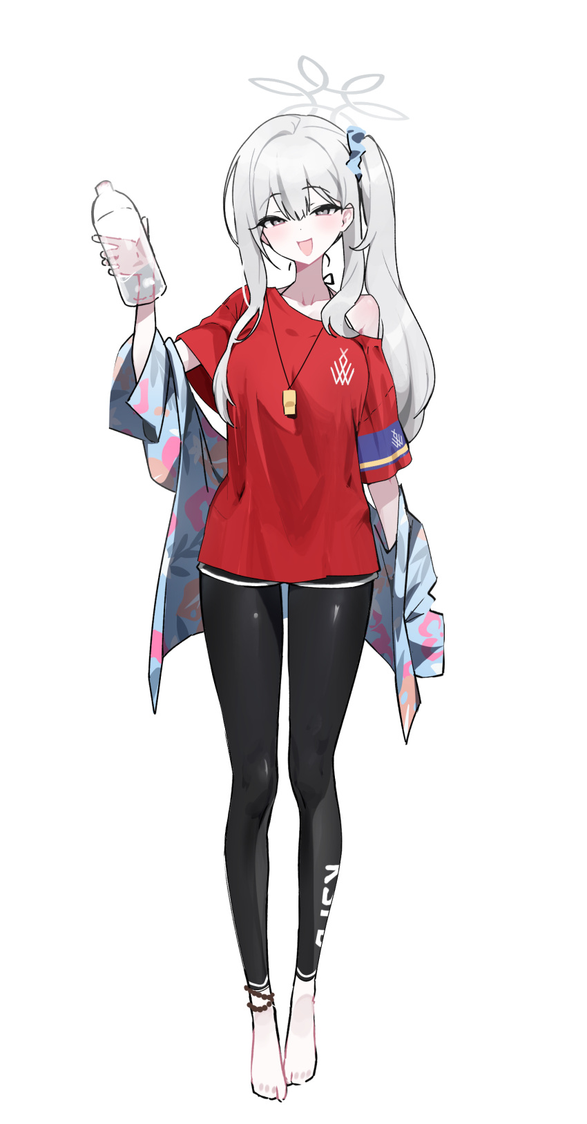 1girl, absurdres, alternate_costume, blue_archive, blue_shirt, bottle, full_body, grey_eyes, grey_hair, grey_halo, halo, hawaiian_shirt, highres, jacket, konoka_(blue_archive), leggings, off_shoulder, open_clothes, open_jacket, raku_(inthenaraka), red_shirt, red_t-shirt, shirt, simple_background, solo, water_bottle, white_background