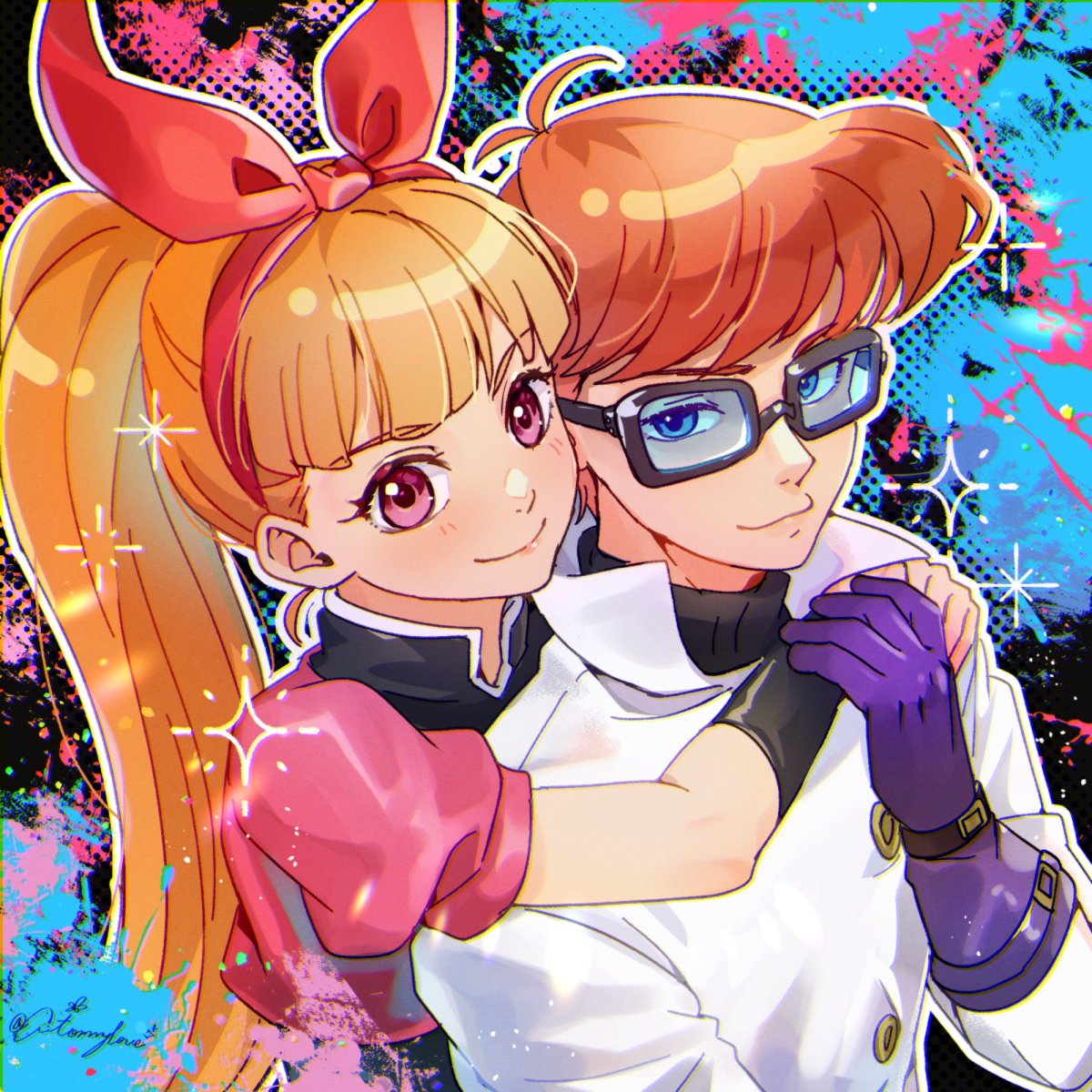 1boy, 1girl, aitommylove, blossom_(ppg), blue_eyes, cartoon_network, closed_mouth, company_connection
