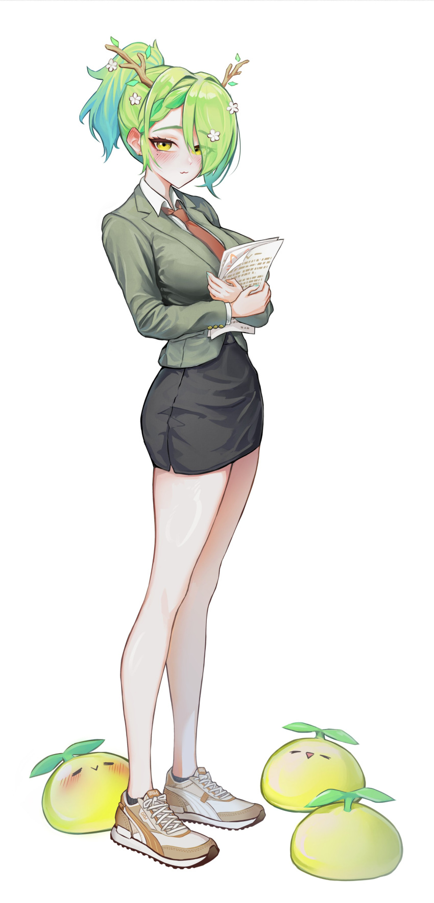 1girl, absurdres, alternate_costume, alternate_hairstyle, antlers, asymmetrical_bangs, bare_legs, black_skirt