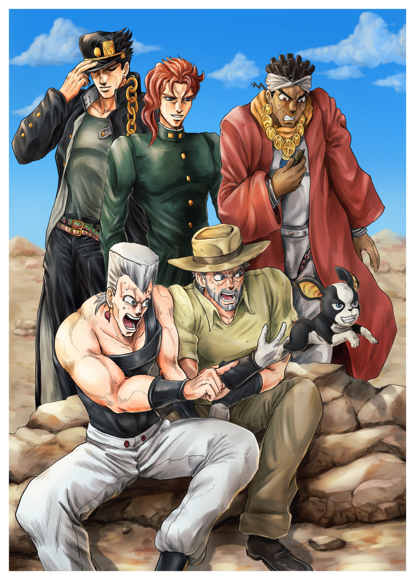 5boys, absurdres, adjusting_clothes, adjusting_headwear, animal, armor, belt, belt_buckle