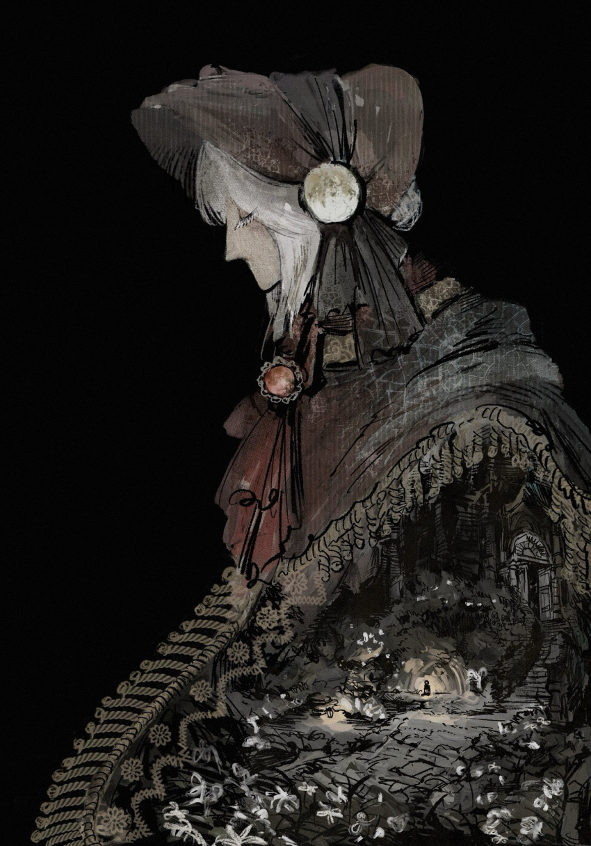 1girl, ascot, black_background, bloodborne, bonnet, brown_hat, closed_eyes, double_exposure