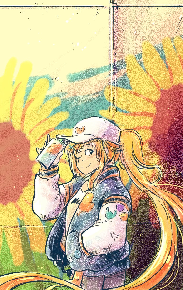1girl, ;), baseball_cap, black_pants, blue_eyes, blush, can, charlotte_"charlie"_morgan