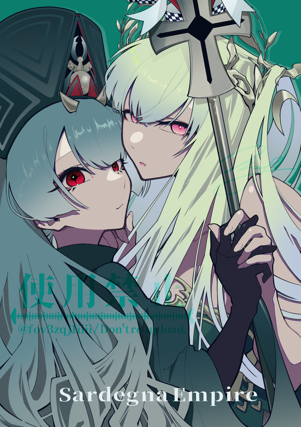 +_+, 2girls, azur_lane, black_gloves, black_hat, cross, crossed_bangs, gloves, green_background, green_hair, hair_ornament, hat, highres, holding, holding_hands, holding_staff, horns, long_hair, looking_at_viewer, marco_polo_(azur_lane), mglubino, multiple_girls, napoli_(azur_lane), parted_lips, pink_eyes, red_eyes, simple_background, staff, upper_body, very_long_hair, watermark
