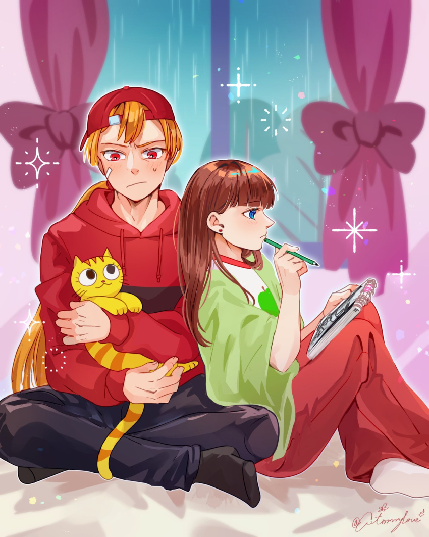 1boy, 1girl, aged_up, aitommylove, black_pants, blue_eyes, blush, brick_(ppg)
