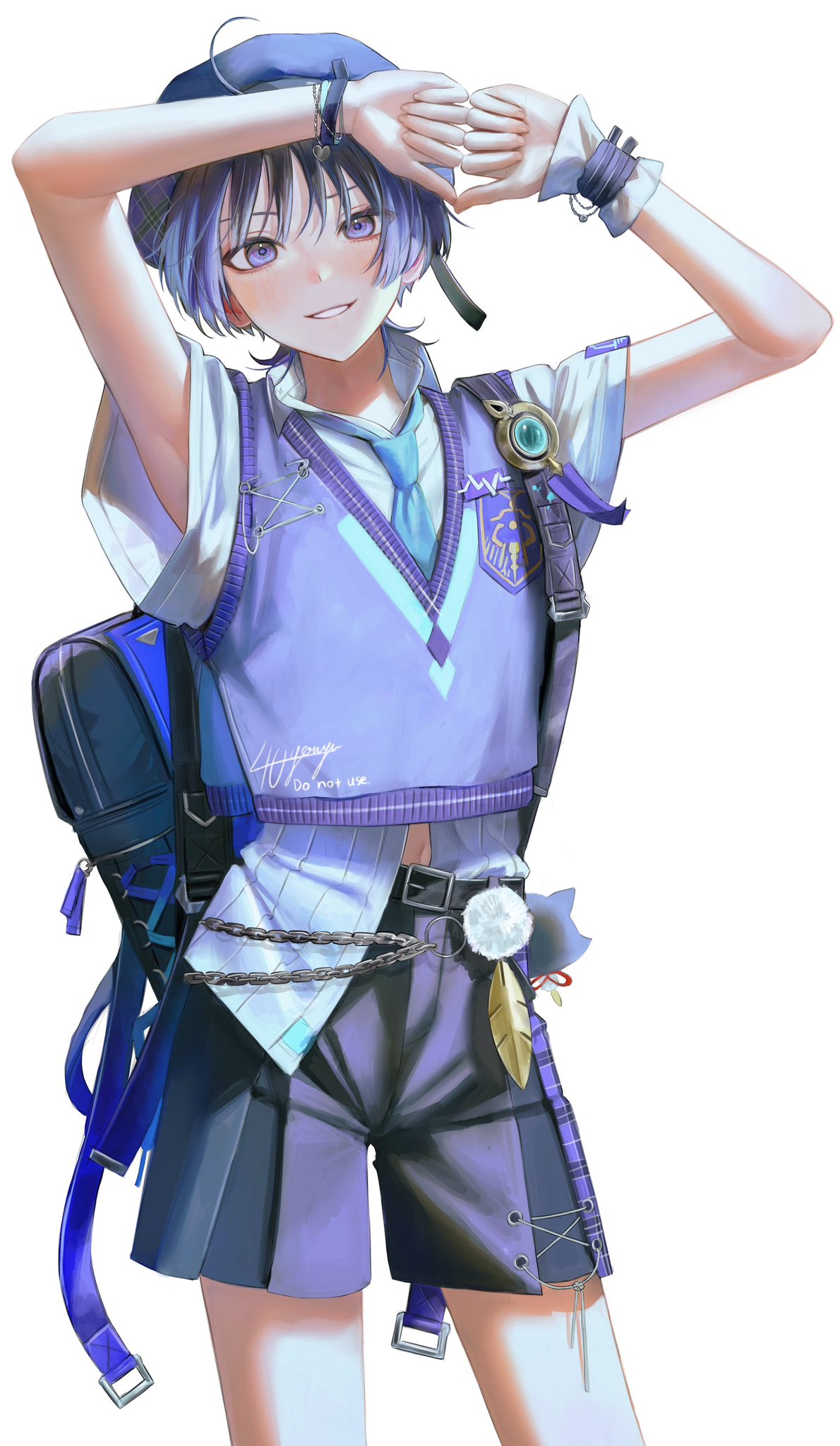 1boy, 4the2ofus, ahoge, aqua_necktie, aqua_trim, armpits, arms_up, bag