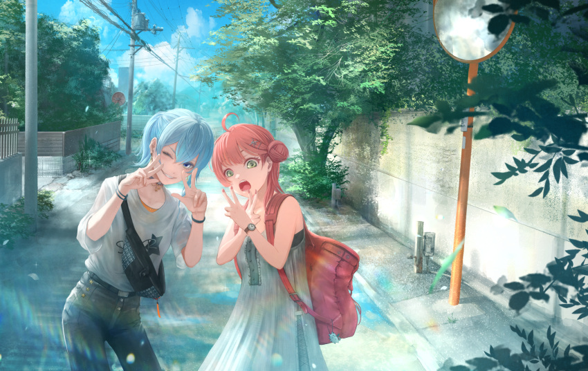 2girls, ahoge, alternate_costume, backpack, bag, black_pants, blue_eyes, blue_hair