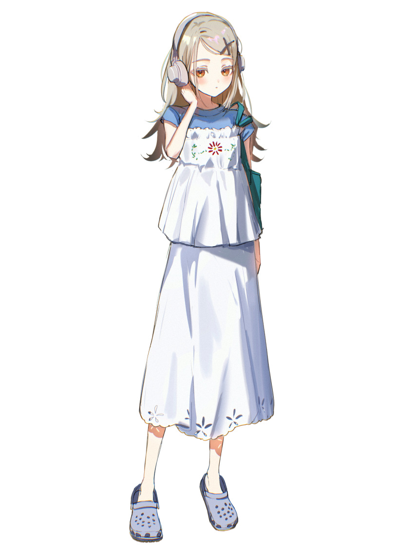 1girl, absurdres, blue_shirt, blush, colored_eyelashes, contrast_(idolmaster), crocs, dress