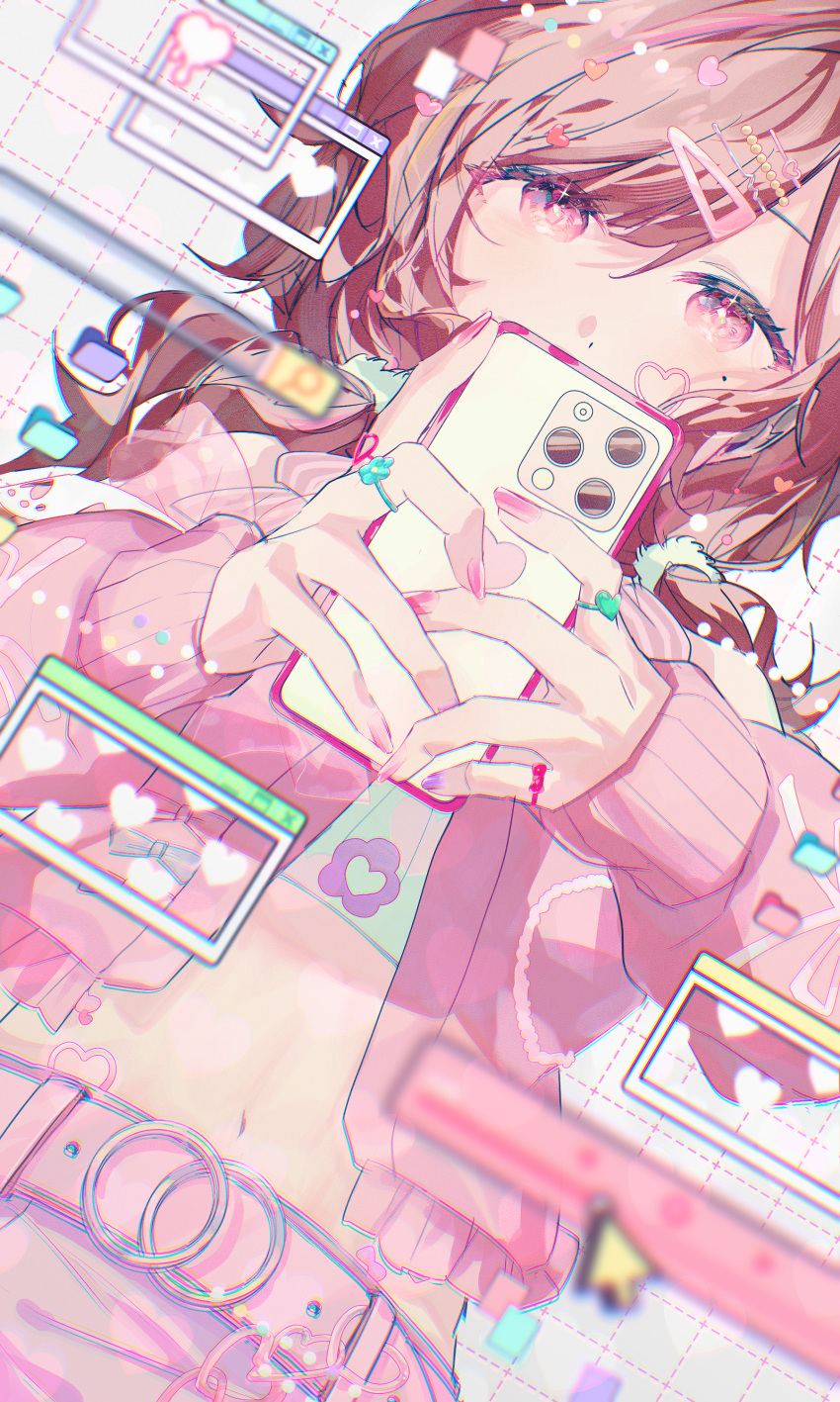 1girl, absurdres, arrow_(symbol), belt, brown_hair, cellphone, chain, decora, fur_trim, hair_ornament, hairclip, heart, highres, higuchi_madoka, holding, holding_phone, idolmaster, idolmaster_shiny_colors, jewelry, long_sleeves, mole, mole_under_eye, multicolored_nails, multiple_rings, nail_polish, navel, phone, pink_eyes, pink_nails, purple_nails, ring, short_hair, smartphone, solo, white_background, window_(computing), yul_luy
