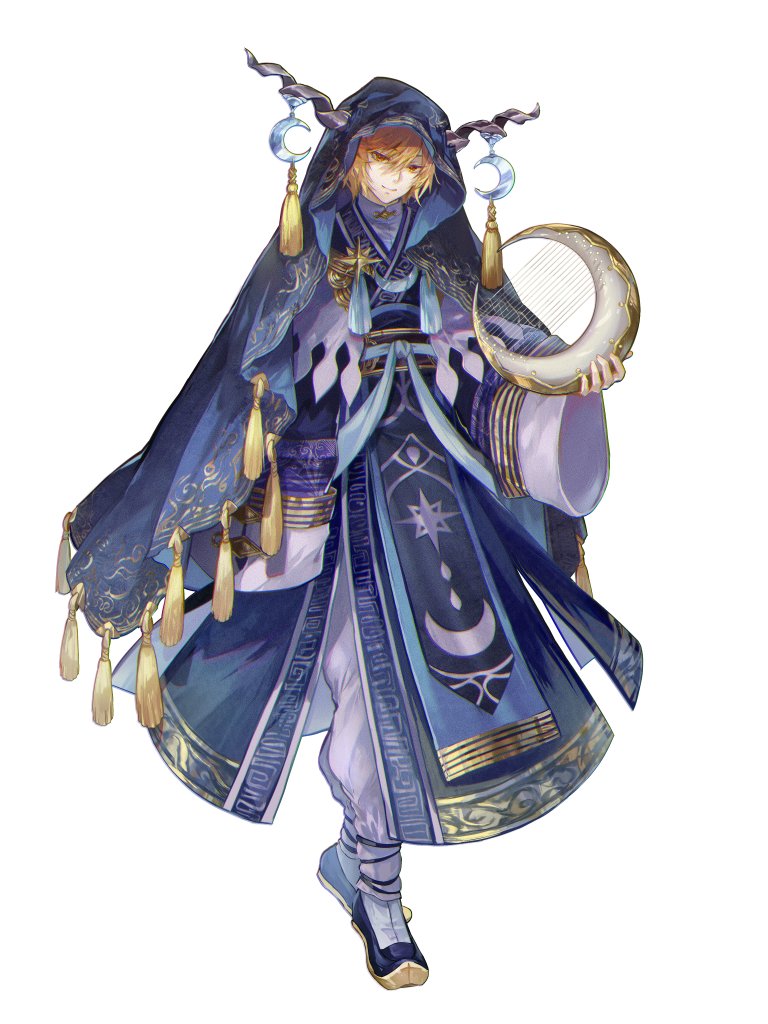 1boy, arm_at_side, black_footwear, black_horns, black_sash, blonde_hair, blue_sash, blue_veil