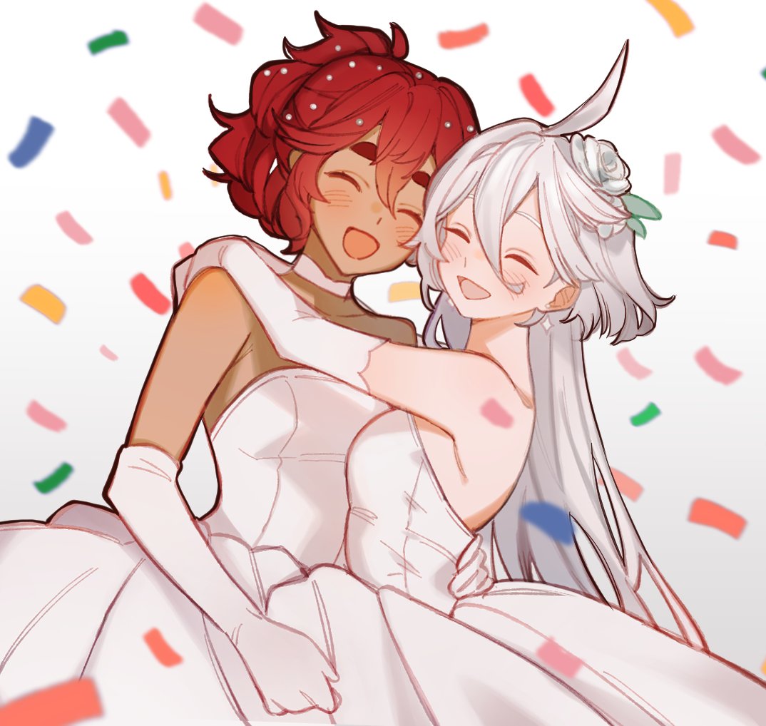 2girls, arms_around_neck, bare_shoulders, choker, closed_eyes, confetti, dress, earrings