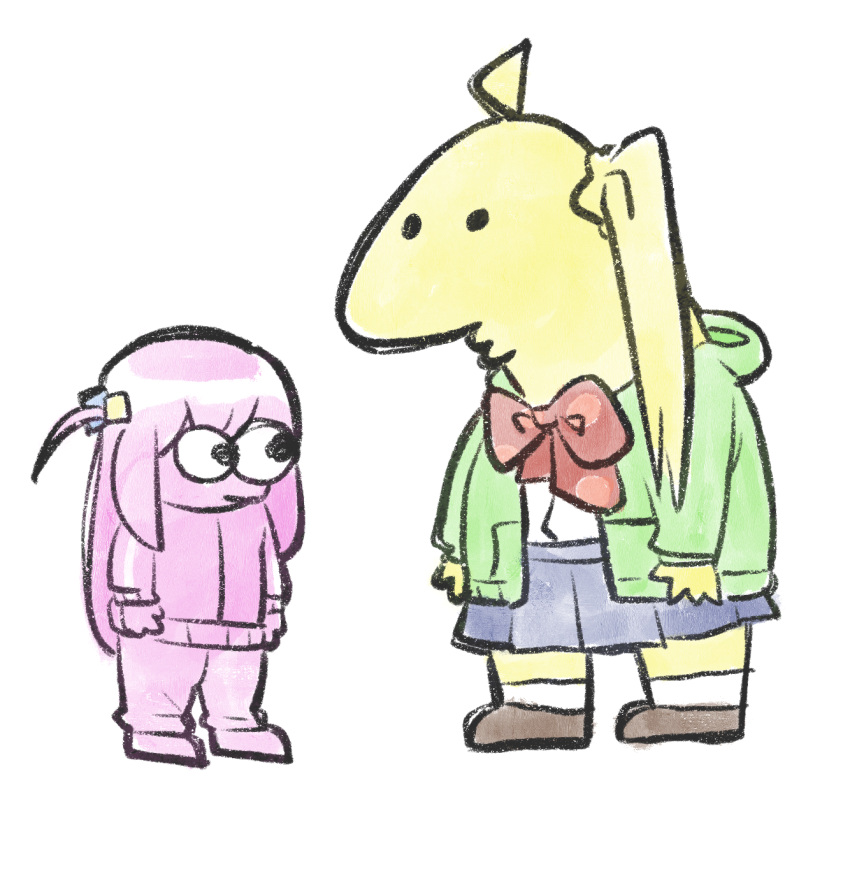 2boys, ahoge, blonde_hair, blue_skirt, bocchi_the_rock!, bow, brown_footwear, charlie_dompler