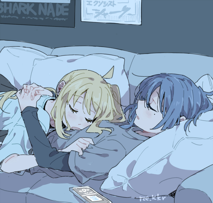 2girls, blonde_hair, blue_hair, blue_shirt, bocchi_the_rock!, cellphone, closed_eyes, commentary_request