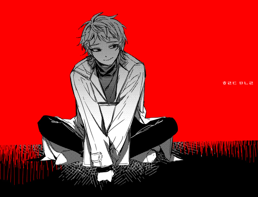1boy, closed_mouth, crossed_ankles, greyscale_with_colored_background, harada_minoru, highres, jacket, korean_text, long_sleeves, male_focus, open_clothes, open_jacket, pants, red_background, saibou_shinkyoku, short_hair, sitting, smile, soda_(sopeo0), solo, sweater, translation_request, turtleneck, turtleneck_sweater