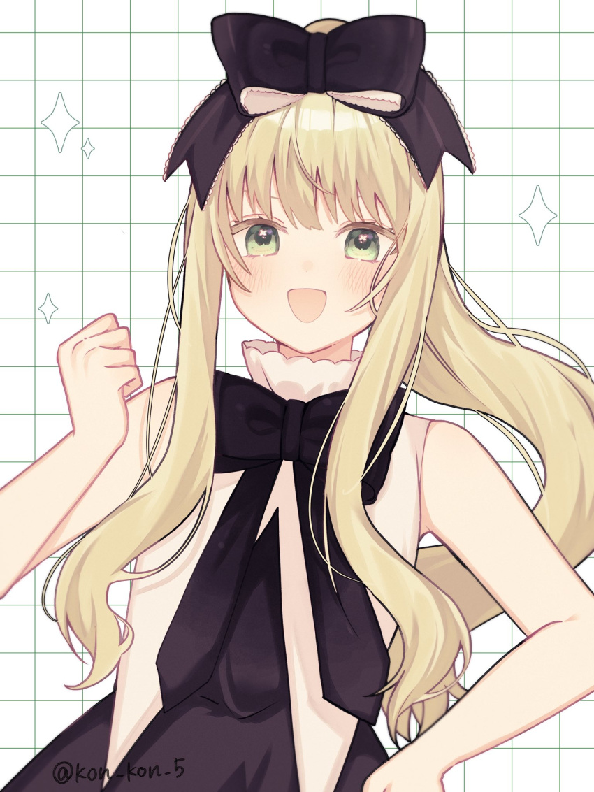 1girl, black_dress, black_ribbon, blonde_hair, blush, clenched_hand, cowboy_shot, dei_matsuri