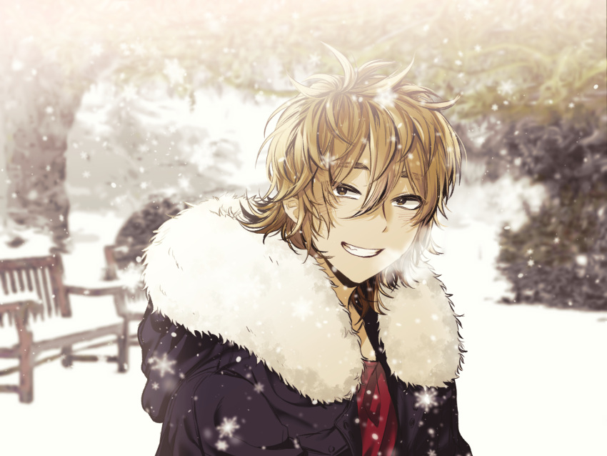 1boy, black_jacket, brown_eyes, brown_hair, fur-trimmed_jacket, fur_trim, grin, hair_between_eyes