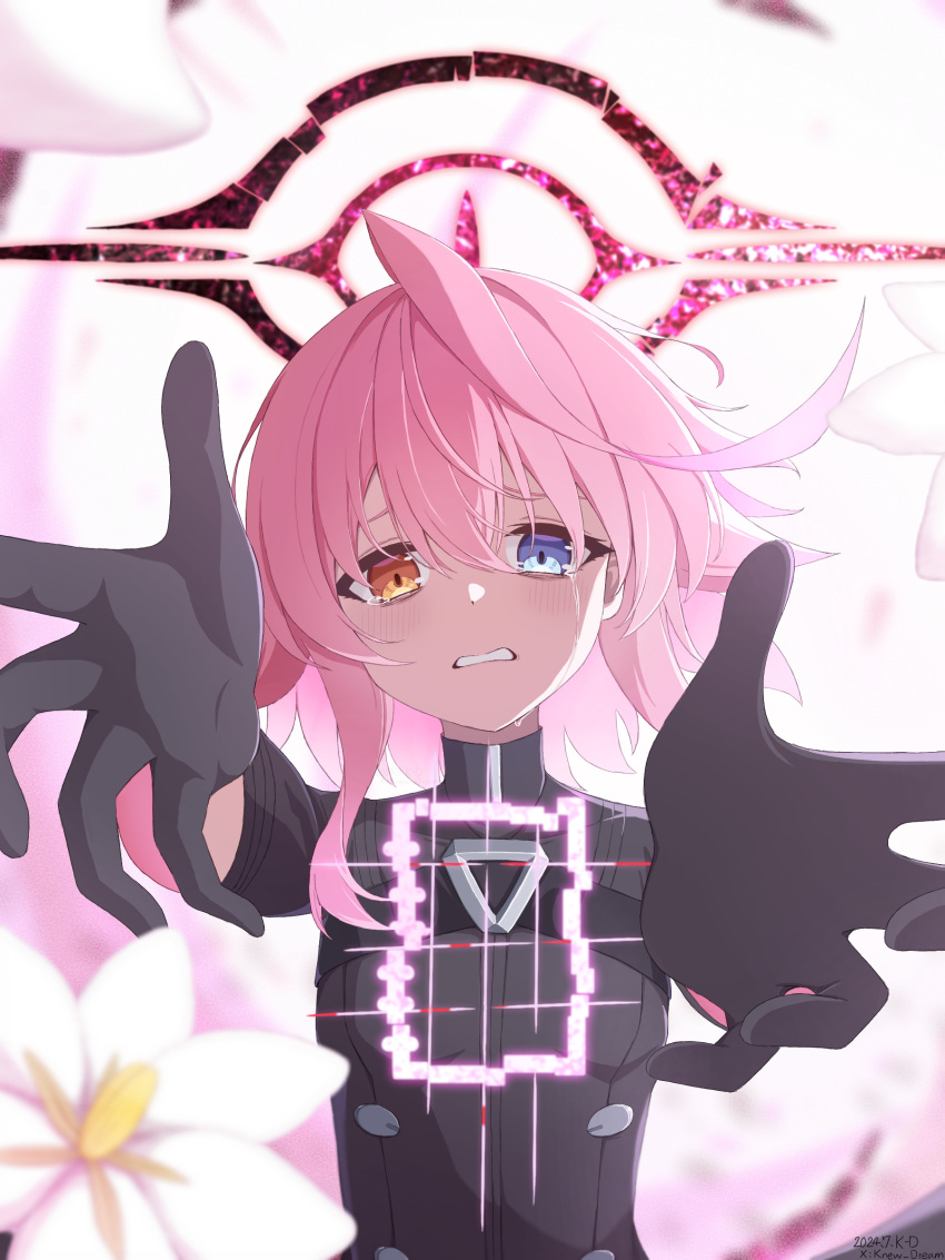 1girl, absurdres, black_coat, black_gloves, black_halo, blue_archive, blue_eyes, blush