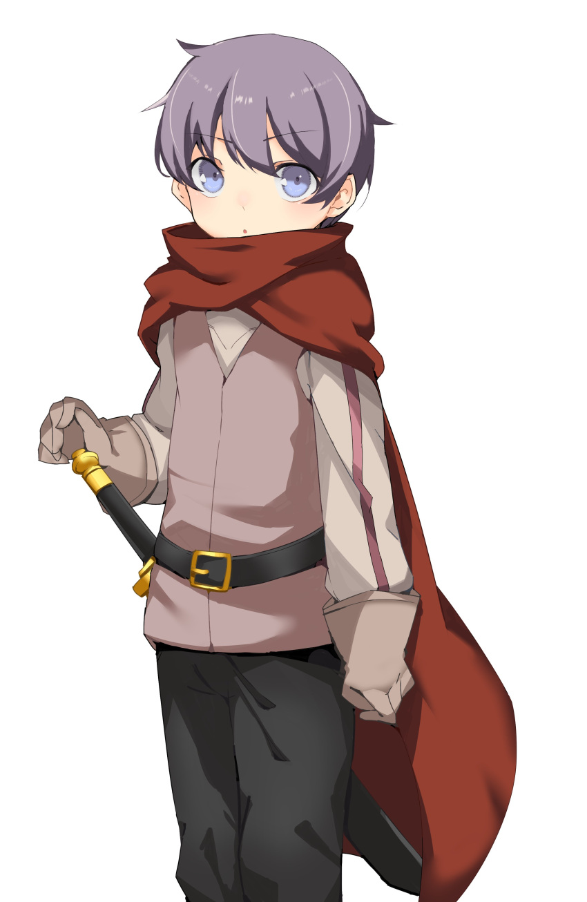 1boy, :o, absurdres, belt, black_pants, blue_eyes, cape, gloves, grey_gloves, highres, kawahara0527, long_sleeves, looking_at_viewer, luka_(mon-musu_quest!), male_focus, mon-musu_quest!, pants, purple_hair, red_cape, sheath, sheathed, short_hair, solo, sword, vest, weapon