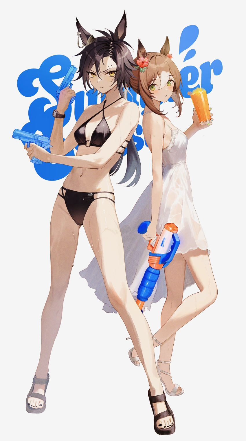 2girls, absurdres, air_shakur_(umamusume), animal_ears, bikini, black_bikini, black_hair, brown_hair, dress, drink, eyebrow_piercing, fine_motion_(umamusume), highres, holding, holding_drink, horse_ears, looking_at_viewer, medium_hair, multiple_girls, navel, piercing, sandals, short_hair, sumiredoljo, swimsuit, umamusume, watch, water_gun, white_background, white_dress, yellow_eyes