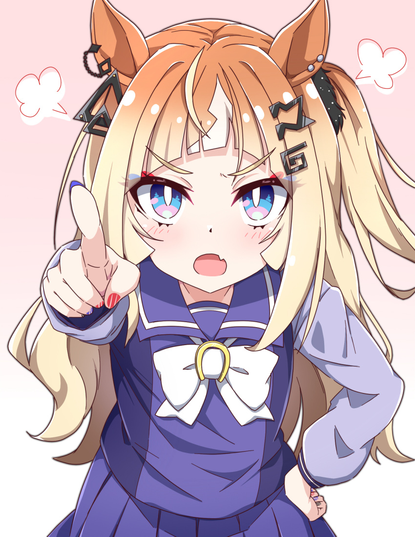 1girl, animal_ears, blue_eyes, blush, breasts, commentary_request, espoir_city_(umamusume), fang, fingernails, hair_ornament, hairclip, highres, hiro_(pqtks113), horse_girl, long_hair, looking_at_viewer, open_mouth, orange_hair, ribbon, school_uniform, simple_background, small_breasts, solo, tracen_school_uniform, umamusume, uniform