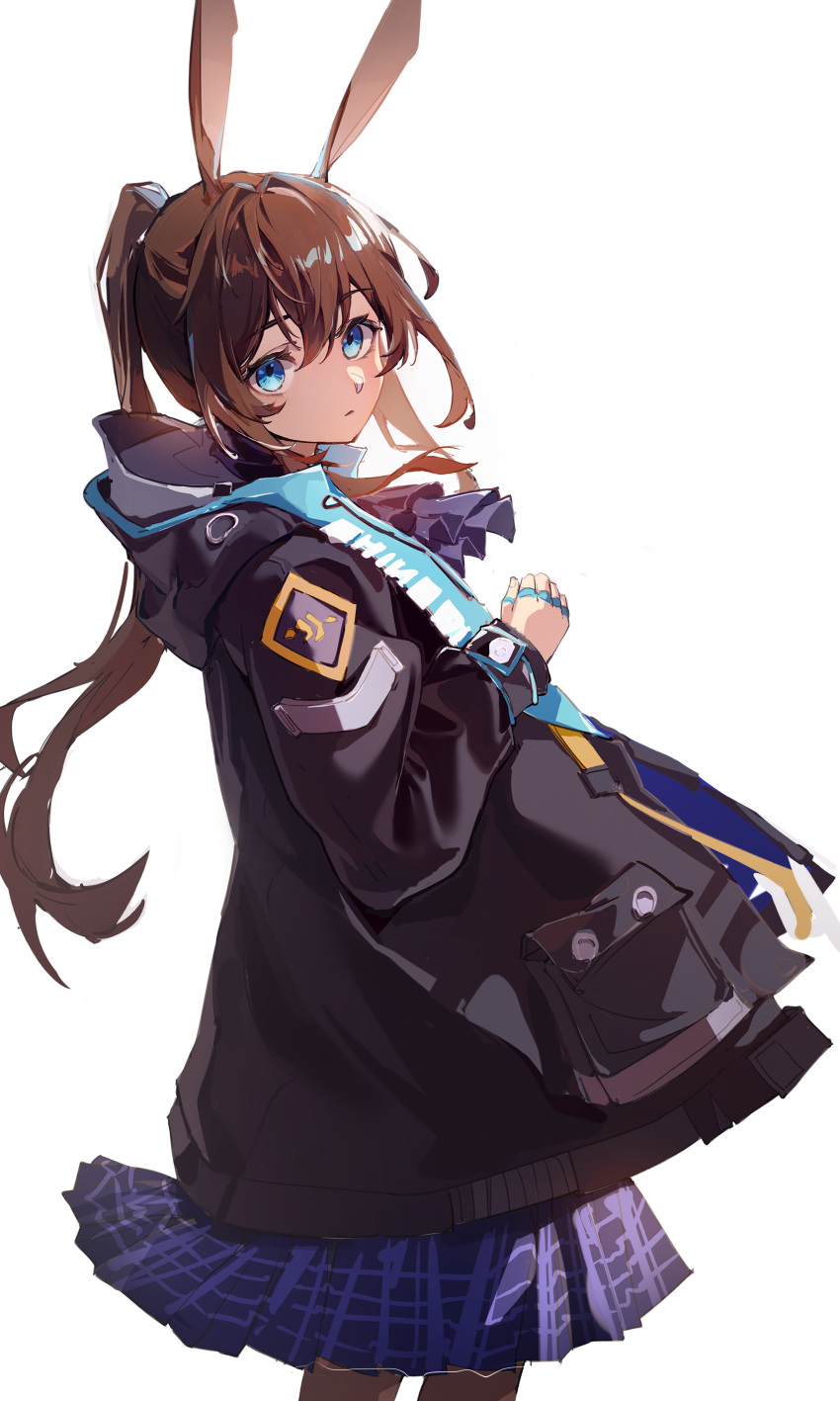 1girl, absurdres, amiya_(arknights), animal_ears, arknights, black_jacket, blue_eyes, blue_skirt