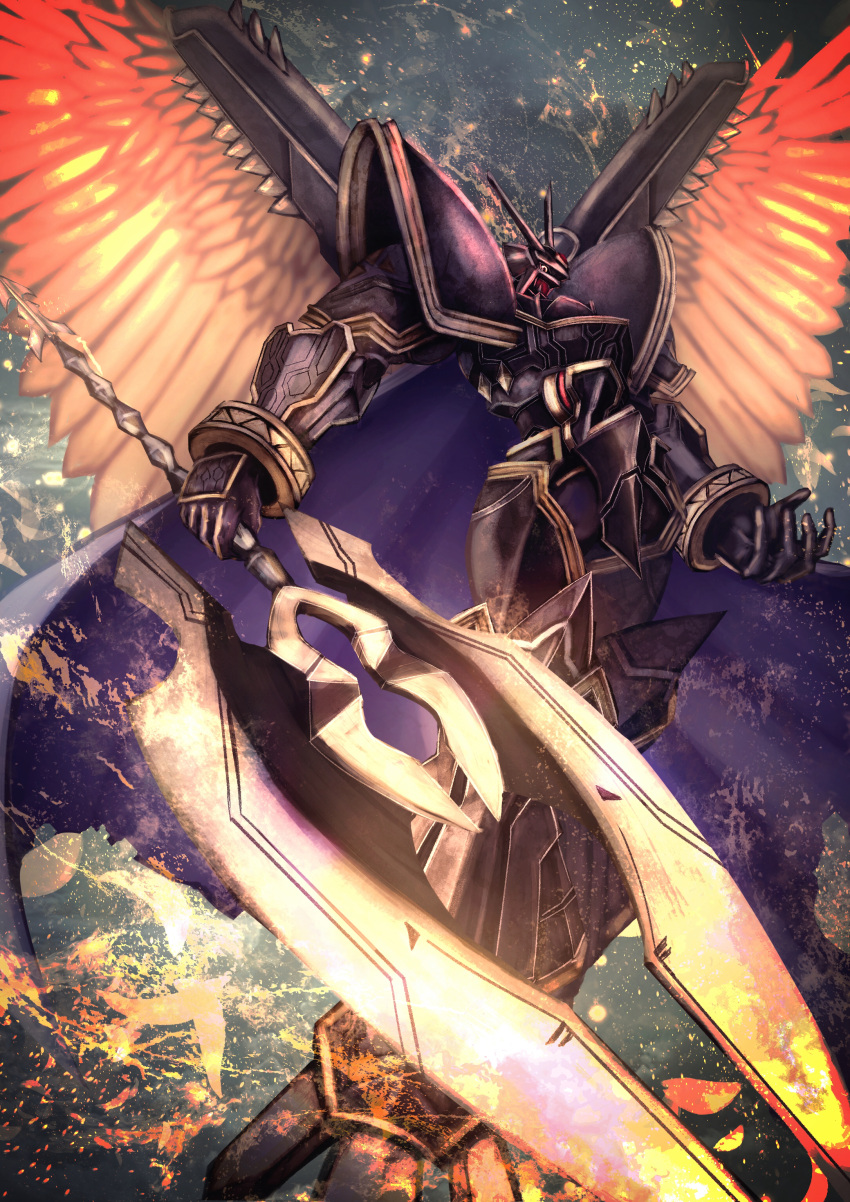 absurdres, alphamon, alphamon_ouryuuken, armor, black_armor, black_helmet, blue_cape, cape