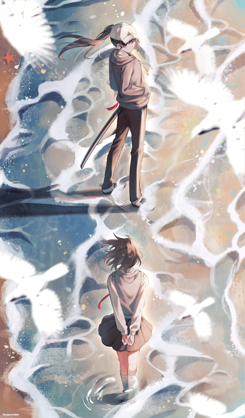 2girls, artist_name, baseball_cap, beach, bird, black_hair, black_pants, black_skirt
