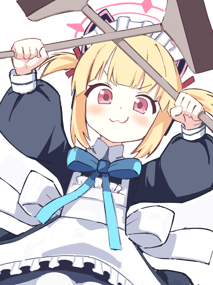 1girl, :3, absurdres, apron, black_dress, blonde_hair, blue_archive, blue_ribbon, blunt_bangs, blush, broom, collar, dolphilia, dress, dutch_angle, halo, highres, looking_at_viewer, maid, maid_apron, maid_headdress, momoi_(blue_archive), pink_eyes, puffy_sleeves, ribbon, smile, solo