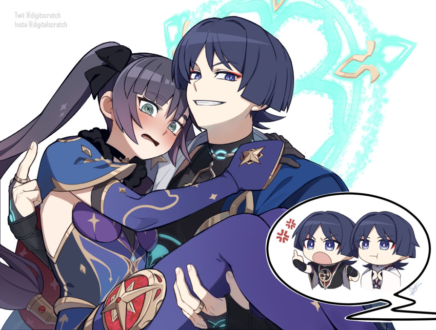 1girl, 3boys, @_@, anger_vein, angry, aqua_eyes, arm_around_shoulder, armor