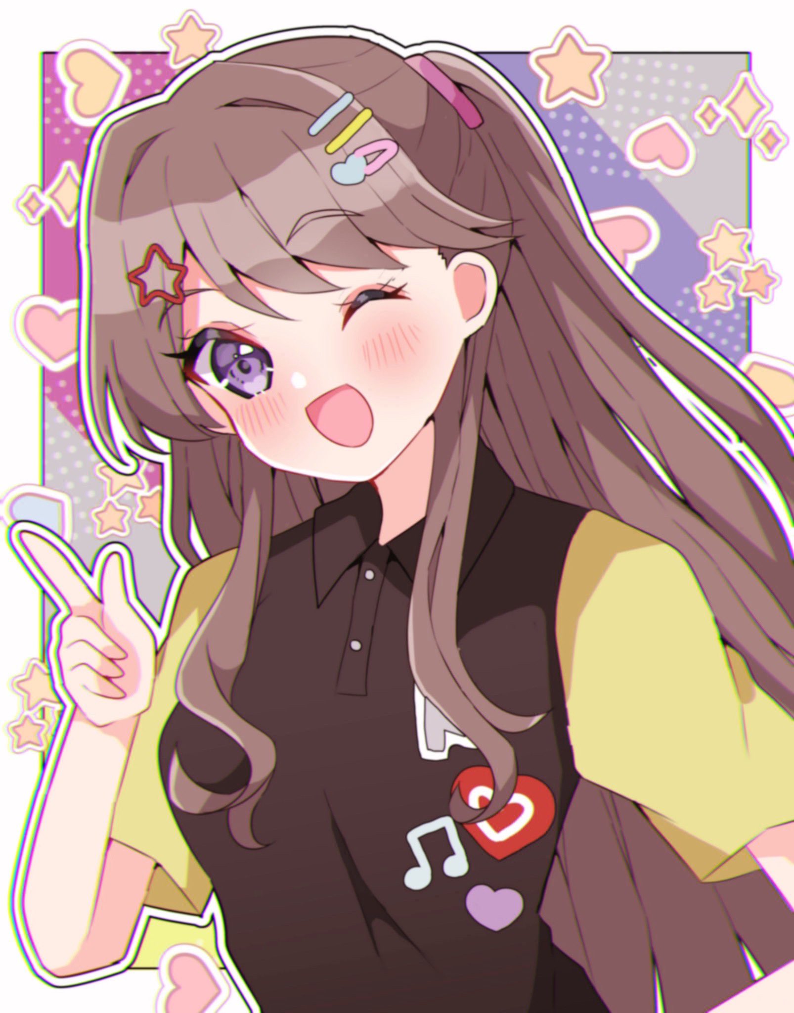 1girl, ;d, ametan_(meteo_impact), black_shirt, blush, border, brown_hair, collared_shirt, commentary, don_quijote_(store), fujishima_megumi, grey_background, hair_ornament, hairclip, hand_on_own_hip, heart, heart_hair_ornament, highres, index_finger_raised, link!_like!_love_live!, long_hair, love_live!, multicolored_background, official_alternate_costume, one_eye_closed, open_mouth, pink_background, polo_shirt, purple_background, shirt, short_sleeves, smile, solo, star_(symbol), star_hair_ornament, two_side_up, upper_body, violet_eyes, virtual_youtuber, white_border, yellow_sleeves
