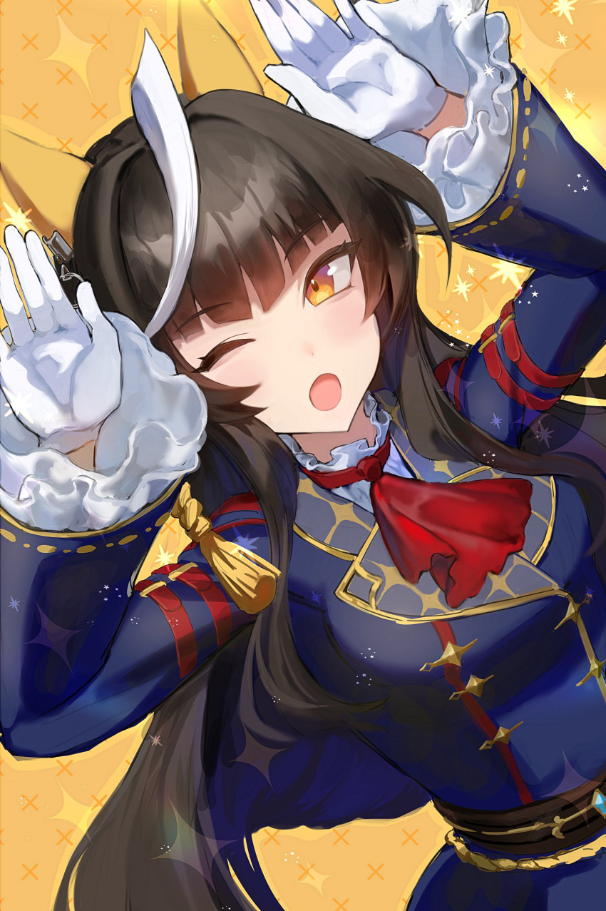 1girl, ahoge, animal_ears, ascot, black_hair, breasts, calstone_light_o_(umamusume), ear_covers, epaulettes, gloves, hair_between_eyes, hair_ornament, hands_up, highres, hime_cut, horse_ears, horse_girl, long_hair, long_sleeves, looking_at_viewer, multicolored_hair, nerutora, one_eye_closed, open_mouth, red_ascot, simple_background, solo, umamusume, umapyoi_densetsu, uniform, white_gloves, white_hair, yellow_background, yellow_eyes