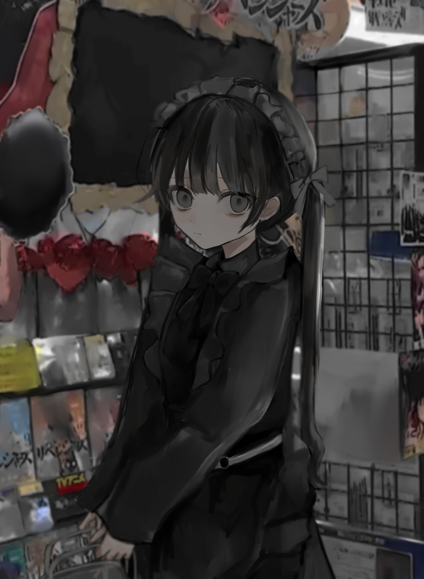 1girl, absurdres, bag, bags_under_eyes, black_bow, black_dress, black_hair, blurry