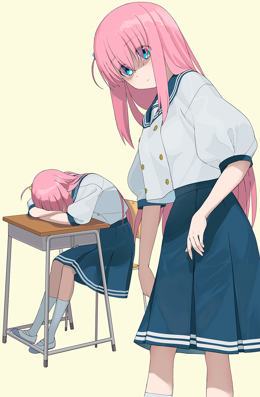 1girl, a1_(initial-g), blue_eyes, blue_skirt, bocchi_the_rock!, chair, closed_mouth, commentary_request