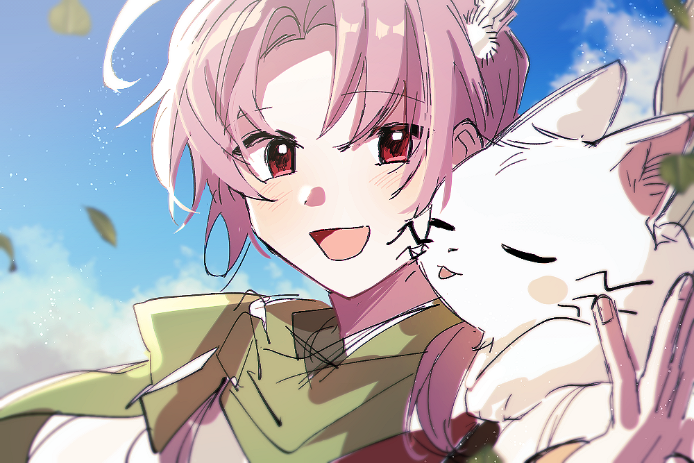 1boy, blue_sky, blurry, cat, day, dita_iliner, godzylla_(saibou_shinkyoku), green_scarf