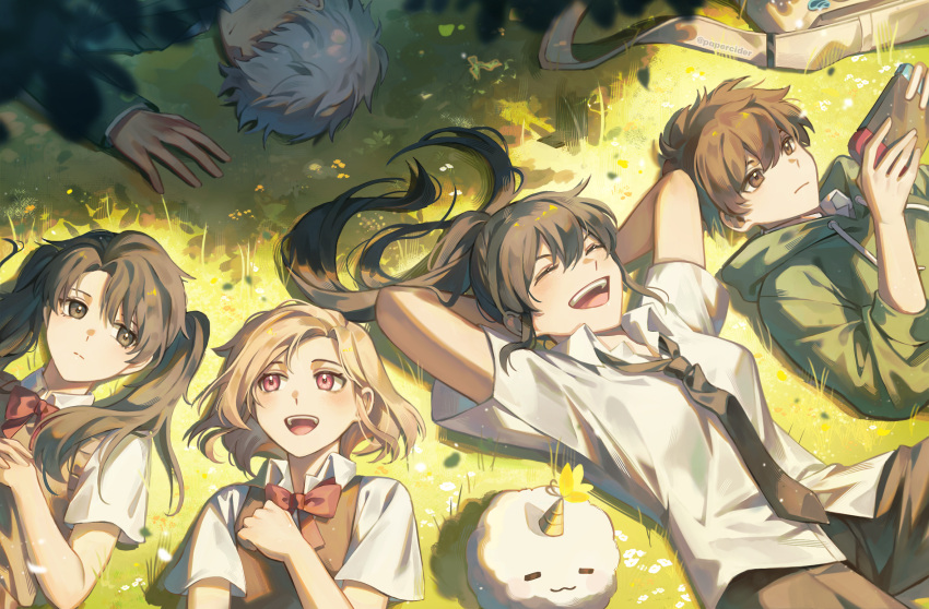 2boys, 3girls, artist_name, bag, black_eyes, black_hair, black_necktie, black_pantyhose