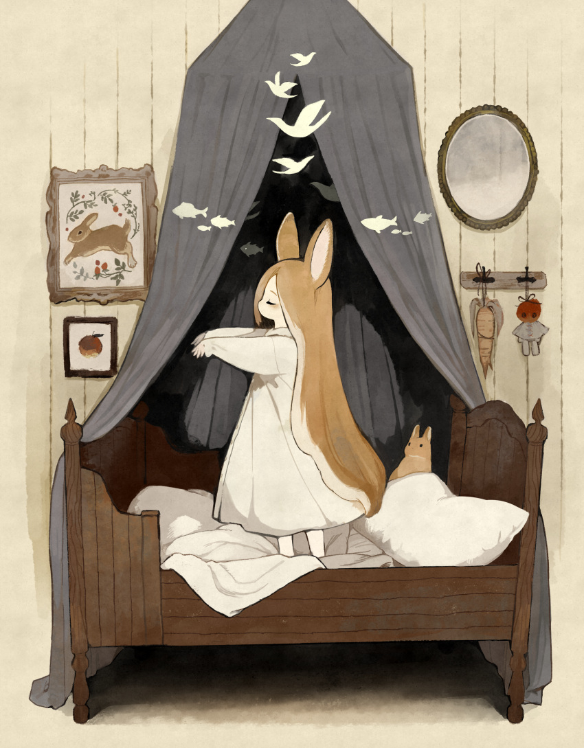 1girl, absurdres, animal, animal_ears, apple, bed, bird, blanket