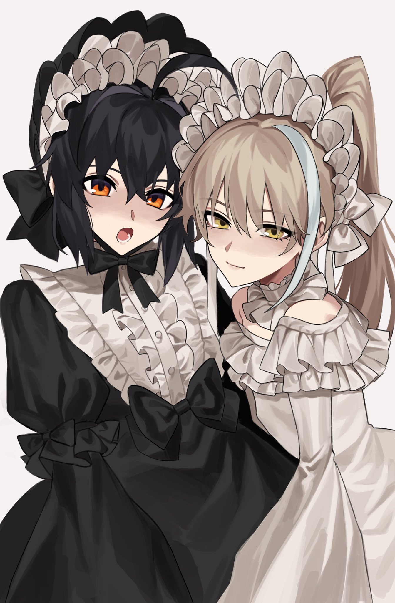 1boy, 1other, ahoge, ameman, androgynous, archer_(fate/samurai_remnant), black_bonnet, black_bow, black_dress, black_hair, blush, bow, closed_mouth, crossdressing, detached_collar, dress, fate/samurai_remnant, fate_(series), frilled_bonnet, frilled_dress, frills, gothic_lolita, grey_hair, hair_intakes, high_ponytail, highres, leaning_forward, lolita_fashion, long_hair, long_sleeves, looking_at_viewer, multicolored_hair, off-shoulder_dress, off_shoulder, open_mouth, orange_eyes, otoko_no_ko, sidelocks, simple_background, smile, streaked_hair, upper_body, white_background, white_bonnet, white_bow, white_dress, white_hair, wide_sleeves, yamato_takeru_(fate), yellow_eyes