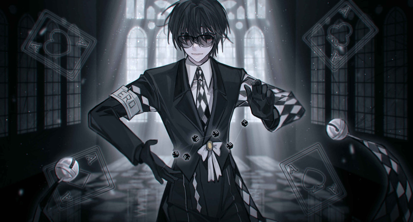 1boy, absurdres, argyle_clothes, argyle_coat, argyle_necktie, bell, black_coat, black_eyes, black_gloves, black_hair, black_necktie, black_pants, church, closed_mouth, coat, collared_shirt, employee_(project_moon), gloves, hands_up, highres, indoors, jingle_bell, library_of_ruina, lobotomy_corporation, looking_at_viewer, necktie, nihil_(e.g.o), pants, project_moon, shirt, smile, solo, white_shirt, yasuihiruya