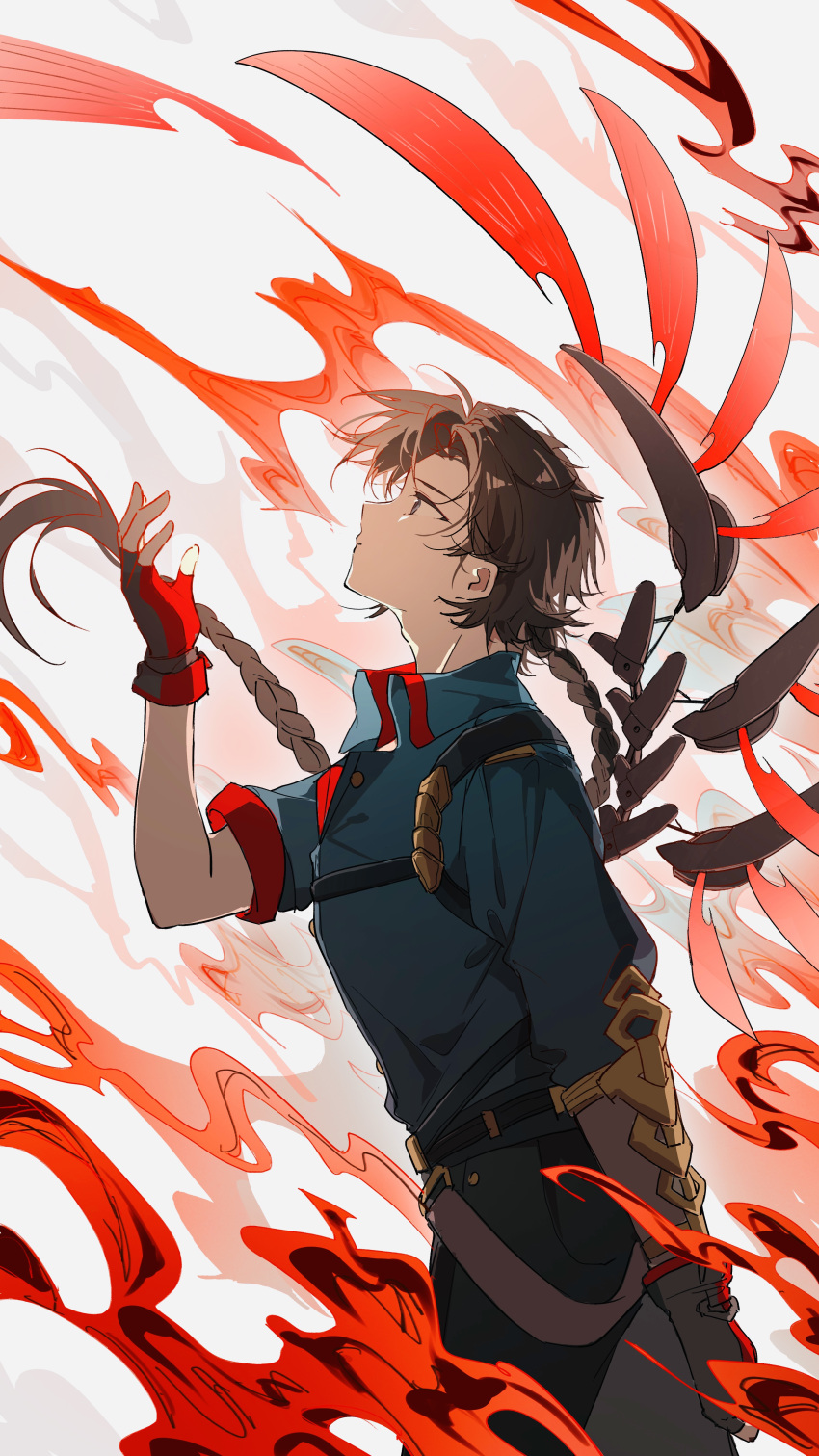 1boy, absurdres, ash_echoes, asymmetrical_gloves, belt, black_belt, black_eyes, braid