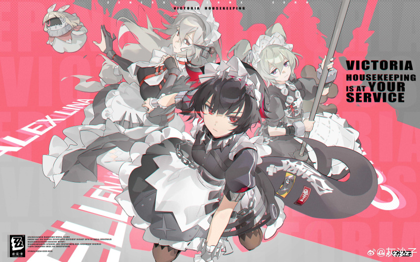 3girls, absurdres, alexandrina_sebastiane, black_dress, black_hair, closed_mouth, corin_wickes, dress