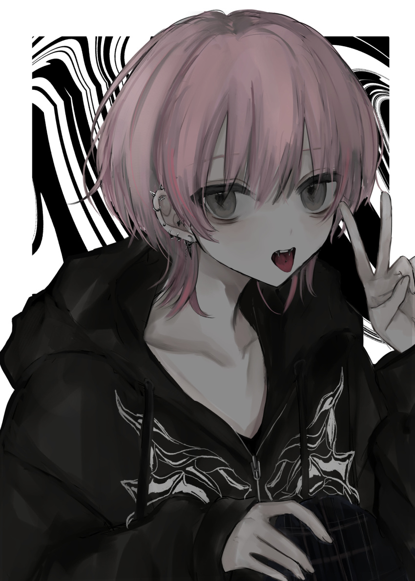 1boy, arm_up, black_hoodie, border, collarbone, dot_nose, drawstring, ear_piercing