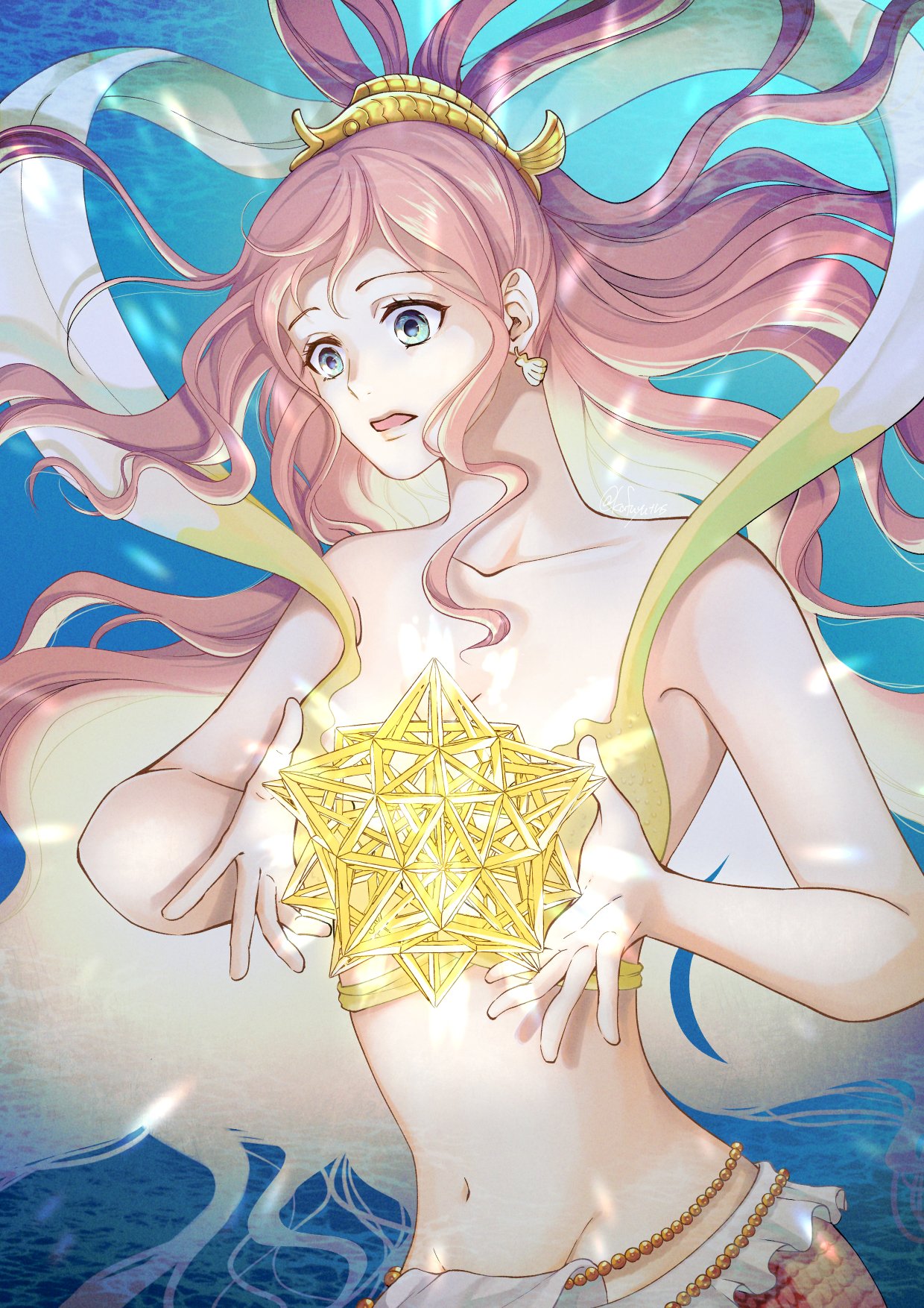 1girl, bikini, blue_eyes, earrings, fish_hair_ornament, hagoromo, hair_ornament, half_updo