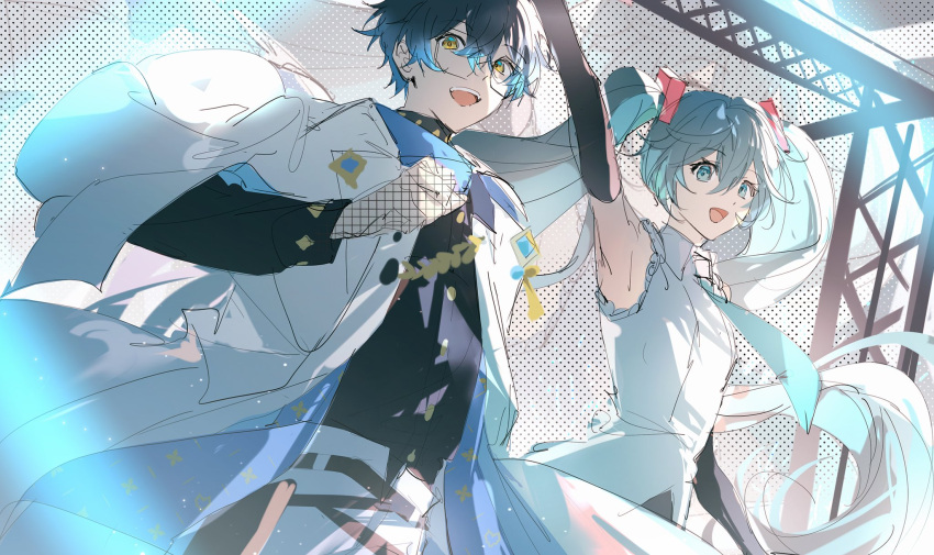 1boy, 1girl, :d, arm_up, belt, blue_eyes, blue_hair, blue_necktie