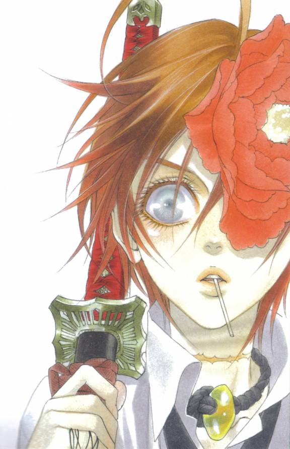 ahoge, blue_eyes, brown_hair, flower, katana, male, red_flower, redhead