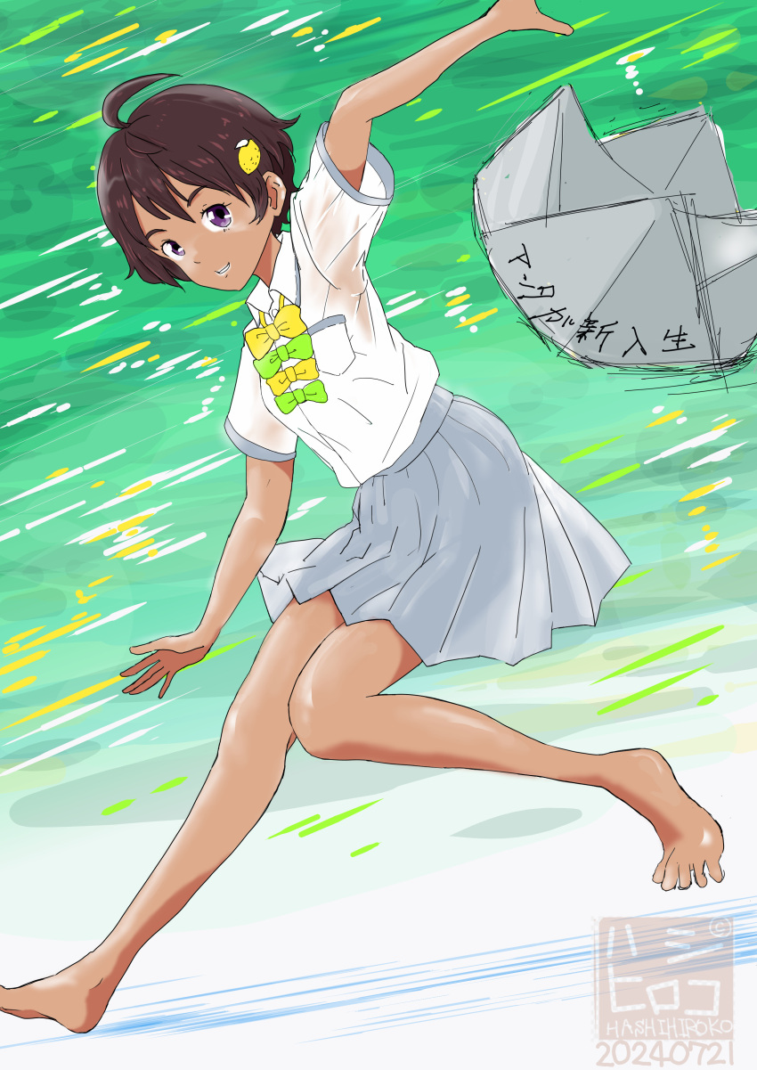 1girl, absurdres, artist_logo, barefoot, black_hair, bow, breast_pocket, collared_shirt