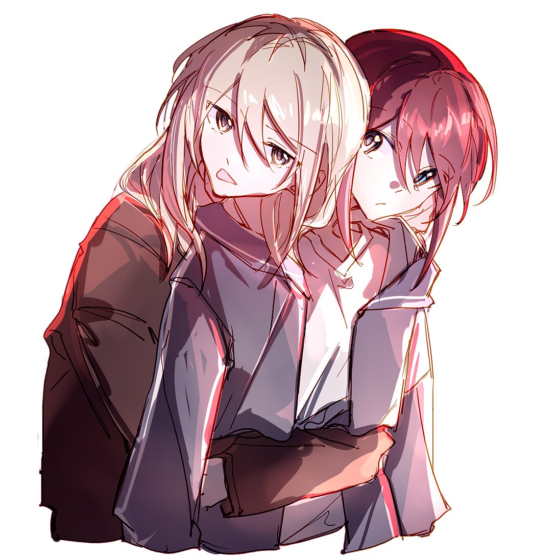 2girls, black_jacket, blue_eyes, closed_mouth, commentary, girls_band_cry, grey_eyes, grey_jacket