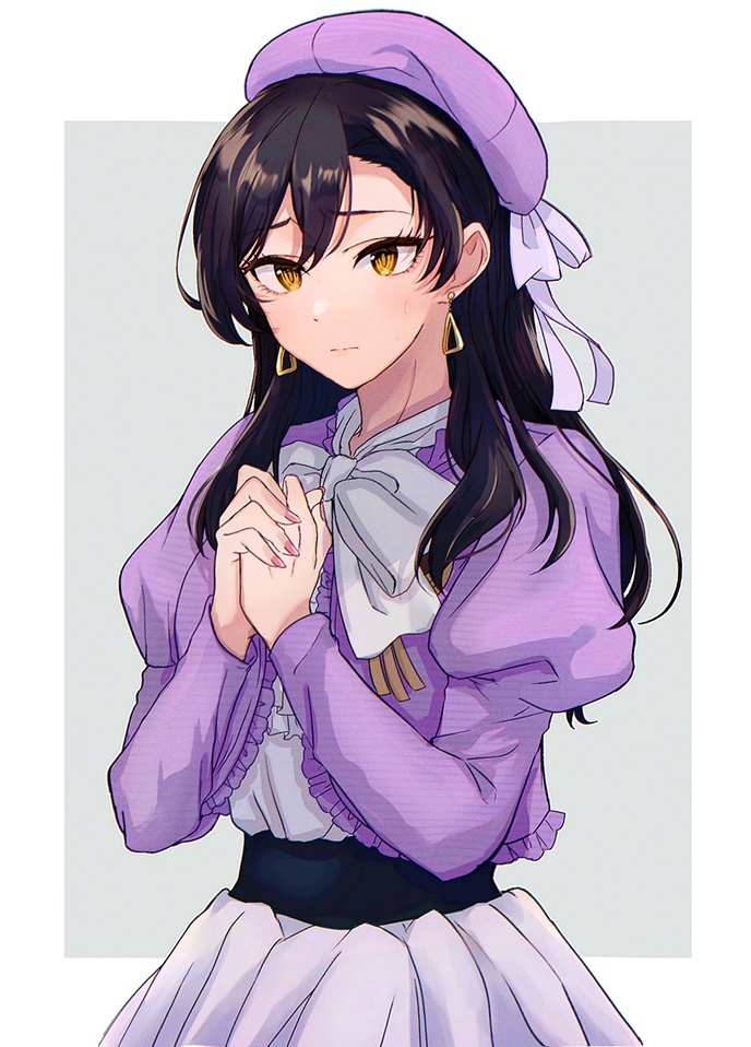 1girl, beret, black_hair, black_sash, bow, bowtie, closed_mouth, dress