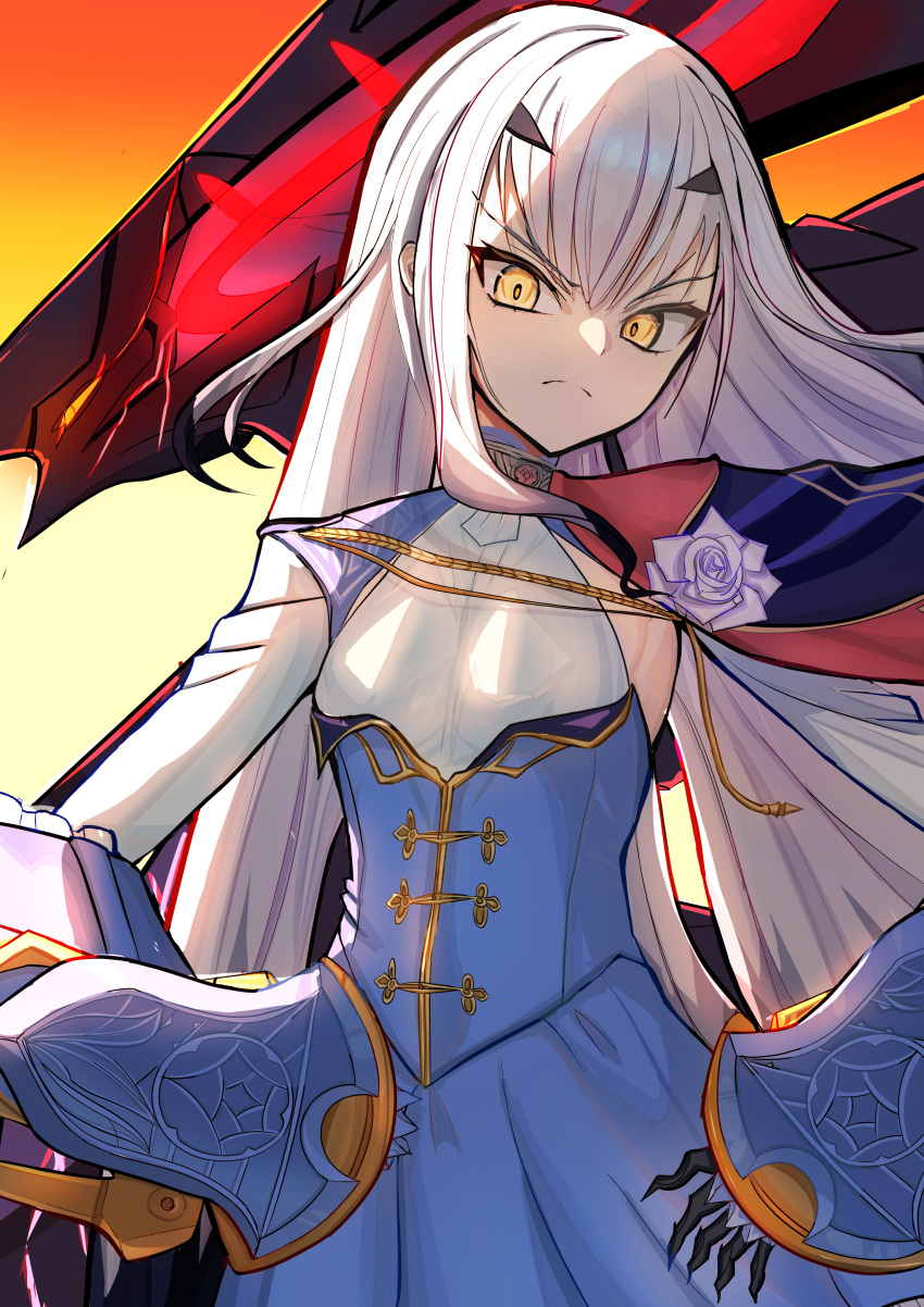 1girl, absurdres, aiguillette, albion_(fate), black_gloves, blue_cape, blue_dress, breasts